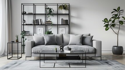 Aufkleber - Interior of light living room with grey sofa table and shelving units : Generative AI