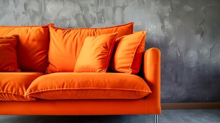 Fototapete - Orange sofa with soft cushion in interior of stylish living room : Generative AI