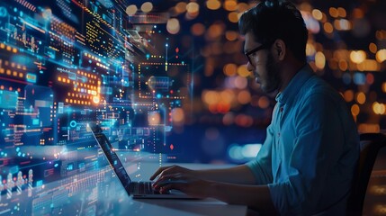 Aufkleber - Computer programmer programming on laptop with data science futuristic technology background Digital technology cloud computing data engineering global internet network software develo : Generative AI