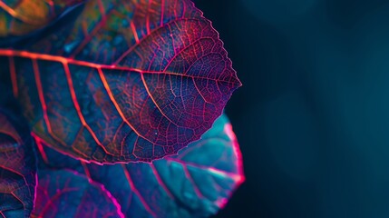 Leinwandbilder - Close up Beautiful faded old leaf in neon light Minimalism retro style concept 80s Background pattern for design Macro photography view : Generative AI