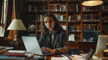 Aufkleber - Portrait university and woman in library with laptop notebook and calculator to finance student loan Smile notes and girl with research for scholarship budget study funding or tuition  : Generative AI