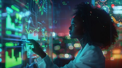 Computer data hologram hud or woman review finance chart stock market database or futuristic night overlay Forex investment dashboard web ecommerce or African trader trading NFT or bit : Generative AI