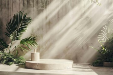 Wall Mural - Studio podium backdrop for product display, Blank showcase mockup with natural elements, Cosmetics or beauty product promotion mockup, Pedestal with plants, Cinematic lighting - generative ai