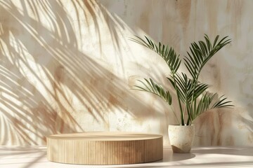 Wall Mural - Studio podium backdrop for product display, Blank showcase mockup with natural elements, Cosmetics or beauty product promotion mockup, Pedestal with plants, Cinematic lighting - generative ai