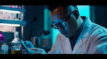 Aufkleber - Tablet planning and scientist with digital innovation data and reading in laboratory Asian man doctor and information technology for futuristic medical research with pharma healthcare  : Generative AI