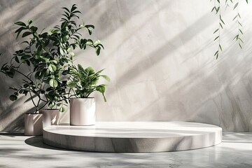 Studio podium backdrop for product display, Blank showcase mockup with natural elements, Cosmetics or beauty product promotion mockup, Pedestal with plants, Cinematic lighting - generative ai
