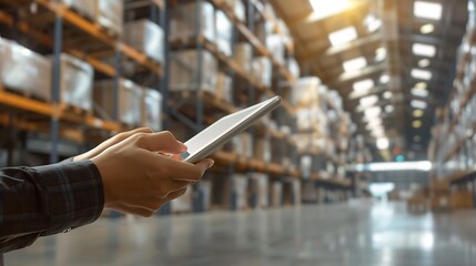 Poster - Business Logistics technology conceptMan hands using tablet on blurred warehouse as background : Generative AI