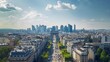 © The Little Hut - Aerial view of Paris and modern towers timelapse from the top of the skyscrapers in Paris business district La Defense Traffic on avenue to triumphal arch Sunny summer day Paris France : Generative AI