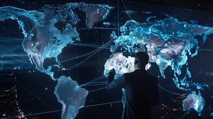 Tech driven Global Business Businessman embraces technology as he analyzes big data for business intelligence composition of world map digital links emphasizes interconnectedness of gl : Generative AI