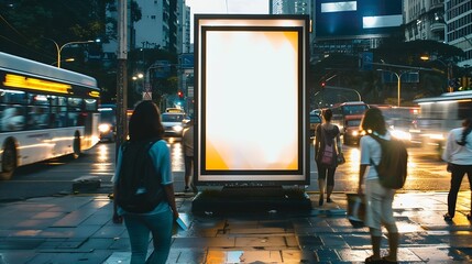 Wall Mural - Digital Media blank advertising billboard in the bus stop  at avenue of Sao Paulo city Blank billboards public commercial with passengers signboard for product advertisement design : Generative AI