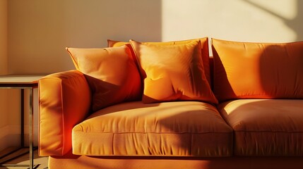 Fototapete - Orange sofa with soft cushion in interior of stylish living room : Generative AI