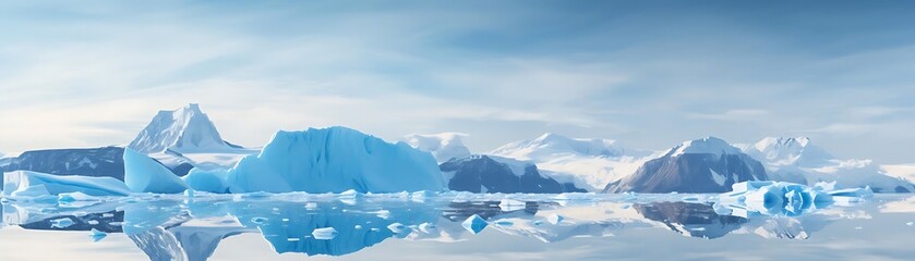 Poster - arctic icebergs reflected in calm blue waters under a clear blue sky