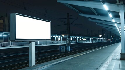 Poster - Billboard on the passenger platform of a railway station at nightMockup : Generative AI