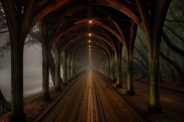 Wall Mural - A long, dark tunnel with a few trees on either side