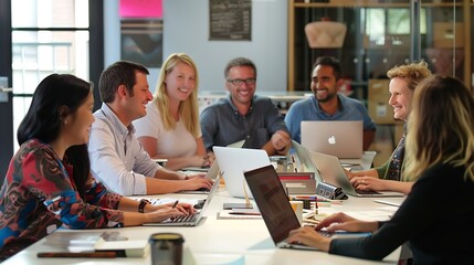 Aufkleber - Colleagues in a modern office collaborate on a project Business professionals use laptops at a table The diverse teams happy smiles showcase teamwork Perfect for startups and entrepren : Generative AI