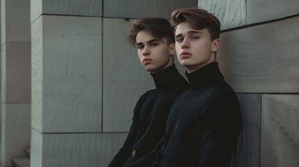 Canvas Print - appealing young men in black turtlenecks with accessories posing by wall outside fashion banner : Generative AI