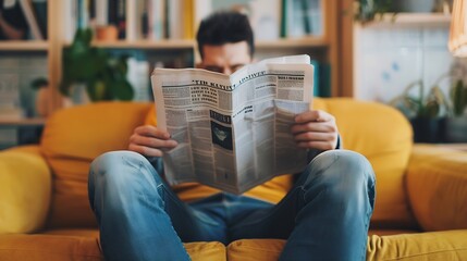 Wall Mural - Man newspaper and reading on sofa with relax for story article or information with smile in living room Person news and morning routine on couch with print media or knowledge for break : Generative AI