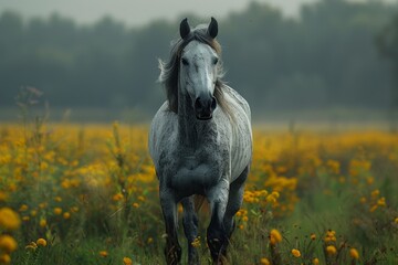 A beautiful white horse sprints across a verdant autumn field, showcasing its healthy and happy demeanor.