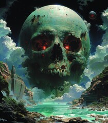 Wall Mural - A skull is floating in the sky above a green landscape