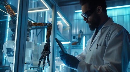 Poster - Scientist with tablet pc examining robotic arm in glass cabinet : Generative AI