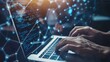 © The Little Hut - Blockchain technology transaction concept Businessman use laptop on blockchain global networking data network connect Internet cyber security binary coded Crypto chain blockchain techn : Generative AI
