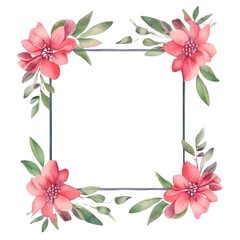 Wall Mural - Geometric pastel watercolor frame with pink flowers and green leaves. Hexagon picture frame decorated with pink flower. Modern botany concept for wedding invitation and home decor design. AIG35.