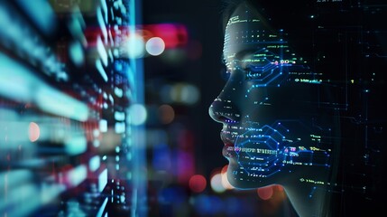 Aufkleber - Computer code hologram and woman thinking of data analytics information technology or software overlay at night Laptop solution and IT people with algorithm statistics and cybersecurit : Generative AI