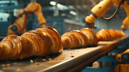 Leinwandbilder - Mechanical robots take semifinished products from conveyor belt and put them into containers Mechanical robots replacing human labor in factory Mechanical robots in mass production Fre : Generative AI