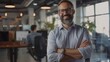 © The Little Hut - Happy crossed arms and portrait of businessman in office with company pride confidence and smile Creative startup professional agency and person for career work and job in modern workp : Generative AI