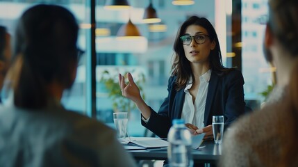 Poster - Engaged female leader with glasses presenting at a business workshop with attentive colleagues in a welllit contemporary office setting : Generative AI
