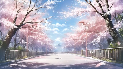 Poster - cherry blossom avenue with trees and a wooden fence under a blue sky