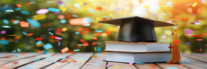 Black graduation cap on white book stack with festive confetti background for celebration