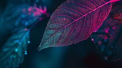 Leinwandbilder - Close up Beautiful faded old leaf in neon light Minimalism retro style concept 80s Background pattern for design Macro photography view : Generative AI