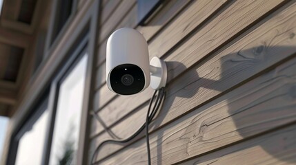 A security camera is mounted on a wooden wall