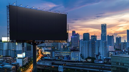 Poster - Blank black billboard on cityscape background at evening perspective view Mock up advertising concept : Generative AI