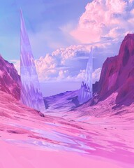 Canvas Print - A pink and purple landscape with two tall structures in the distance