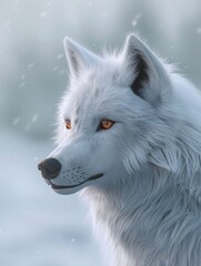 Canvas Print - A white wolf with orange eyes stands in the snow