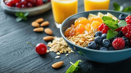 Wall Mural - Healthy Breakfast Bowl with Corn Flakes Raisins Almonds Mint Leaves Fresh Juice and Berries on Dark Wood Surface