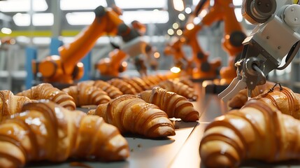 Leinwandbilder - Mechanical robots take semifinished products from conveyor belt and put them into containers Mechanical robots replacing human labor in factory Mechanical robots in mass production Fre : Generative AI