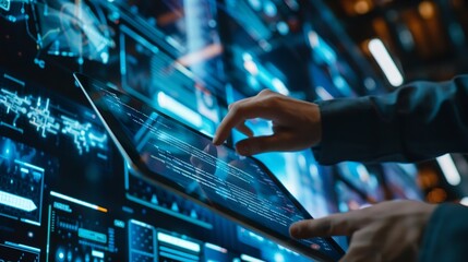 Leinwandbilder - Software engineer using digital tablet with cyber security network computer code on virtual screen interface Data science machine learning of artificial intelligence digital software d : Generative AI