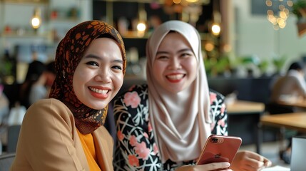 Wall Mural - Two young pretty Indonesian entrepreneur woman smile at the camera while holding smartphone against business meeting with clients on a cafe Diversity business people concept : Generative AI
