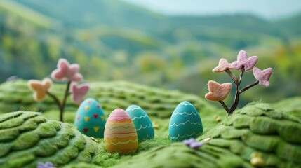 Decorative Easter eggs in a whimsical felt landscape with heart-shaped flowers and rolling green hills in a serene setting.