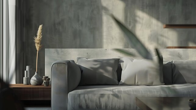 Grey sofa with cushions in interior of modern living room : Generative AI
