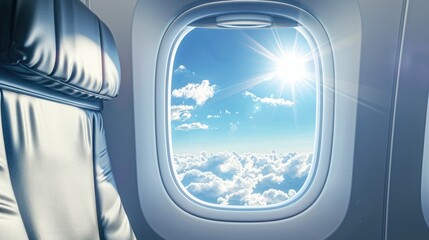 Wall Mural - Airplane seat and window against sunny blue sky Concept of Travel