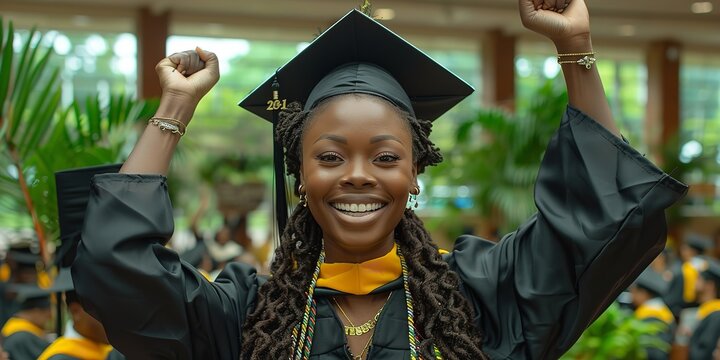 A young woman in a black graduation gown and cap celebrates her achievement with raised arms, a bright smile, and a gold honor stole at an outdoor ceremony