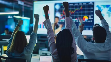 Aufkleber - Business people celebrate after successful presentation or meeting on data analysis display on TV screen Happy team gathers in office room cheer to collaboration with celebratory gestu : Generative AI