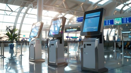 Wall Mural - Three touch display kiosks in a row at  airport : Generative AI