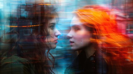 Wall Mural - A surreal image of two women facing each other with motion blur effects and colorful light streaks, creating a dreamlike atmosphere.