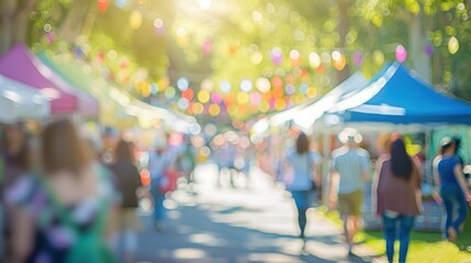 A lively outdoor summer market with blurred people and colorful tents under bright sunlight, creating a festive atmosphere.