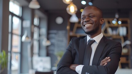 Poster - Crossed arms laugh and face of business black man in office for leadership funny joke and success Corporate manager and portrait of happy person in workplace for ambition pride and con : Generative AI